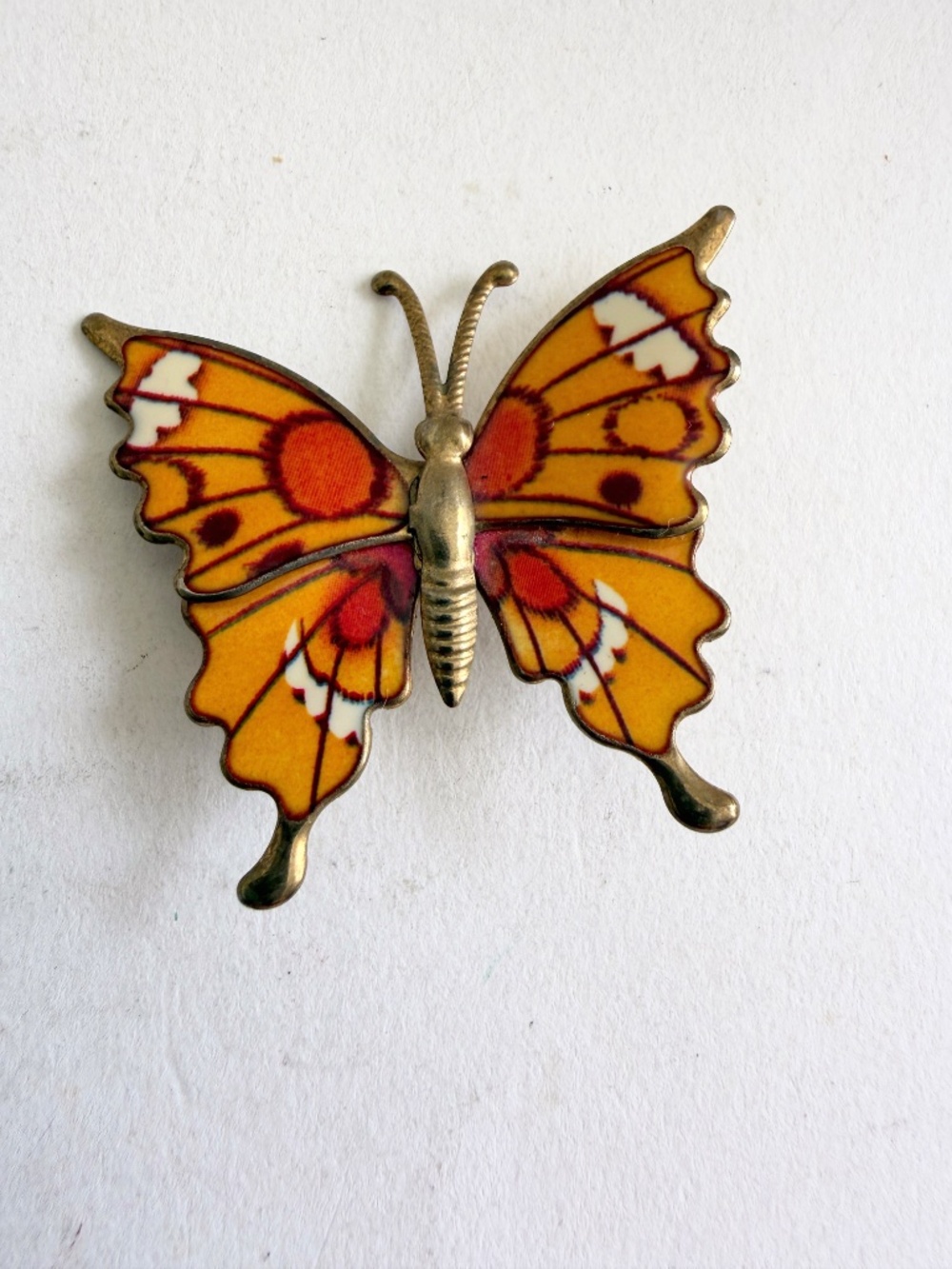 Vintage 60s butterfly brooch tin brass stamped orange pin back